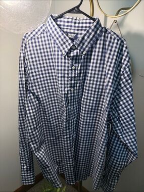Lands' End Men's Navy and White Gingham Button-Down Shirt